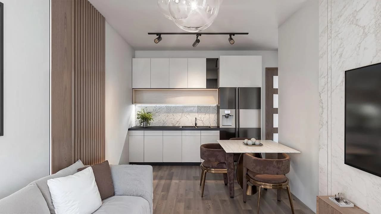 Rendered kitchen and dining area at Baystar