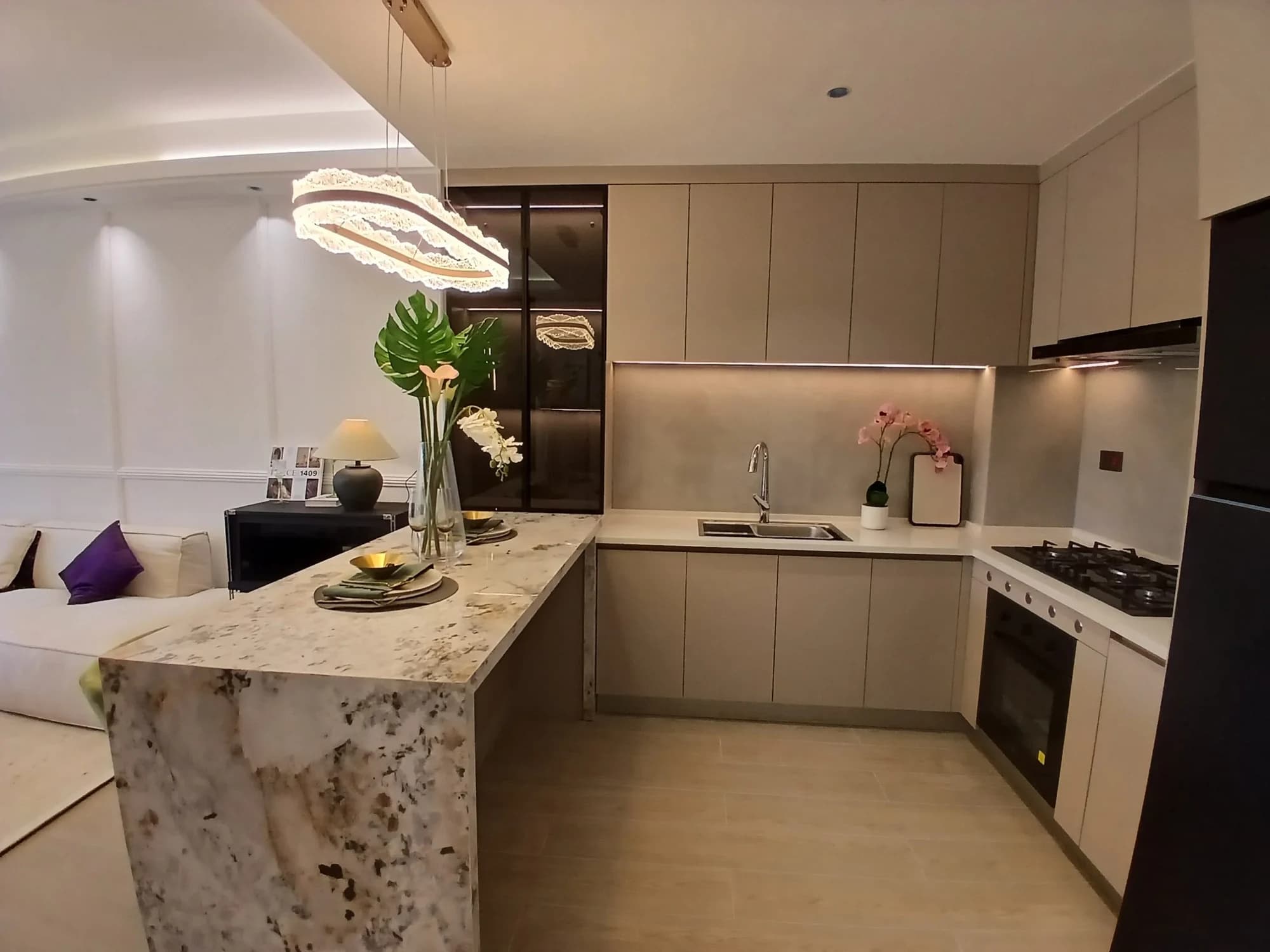 Rendered Capital Heights kitchen with an island and dining area