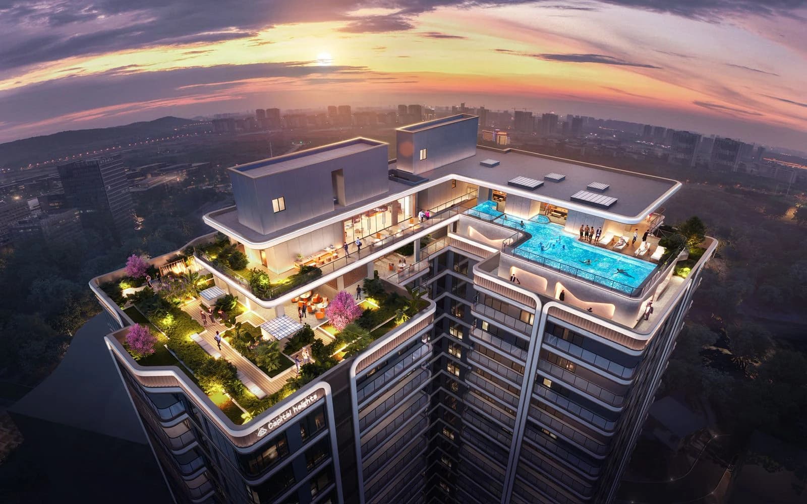 Capital Heights rooftop pool and garden at sunset