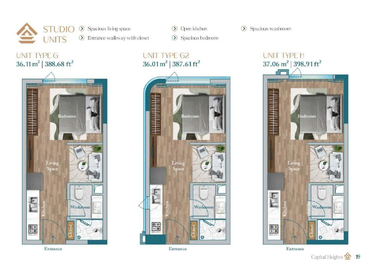 Studio layouts · Types G, G2 and H floor plan preview
