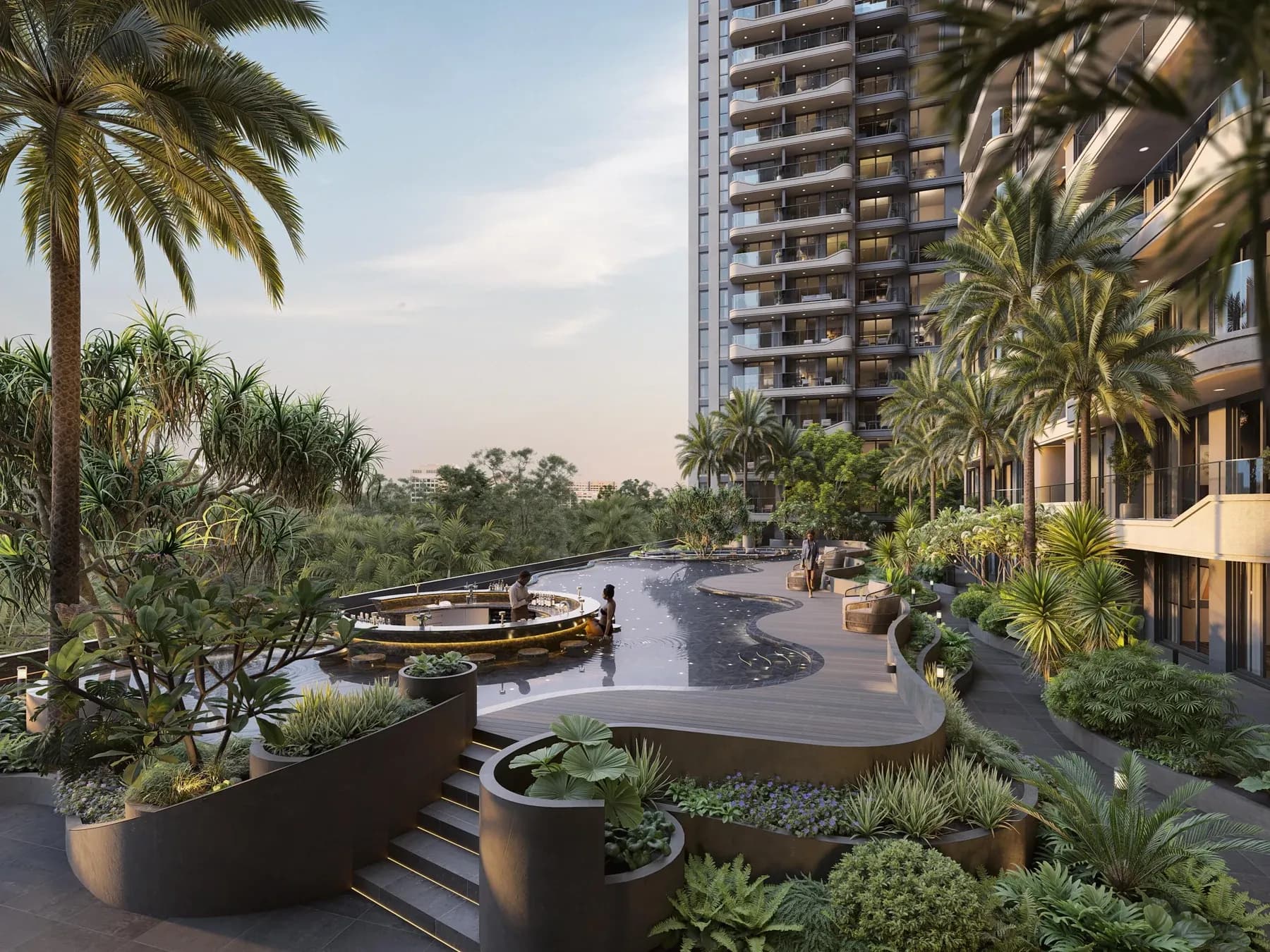 Rendered landscaped water feature at Hephé Palace