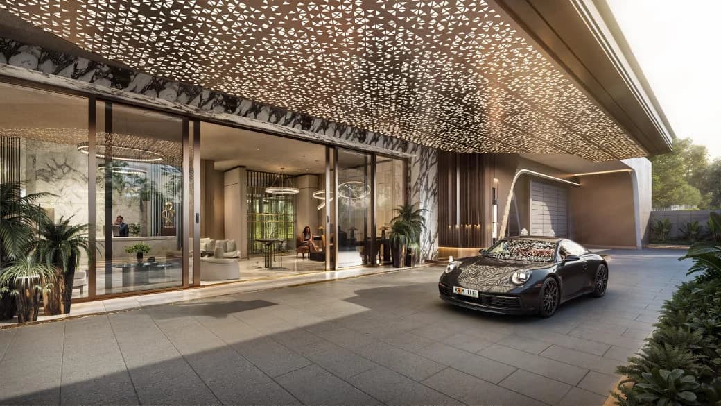 Rendered arrival forecourt at Hephé Palace