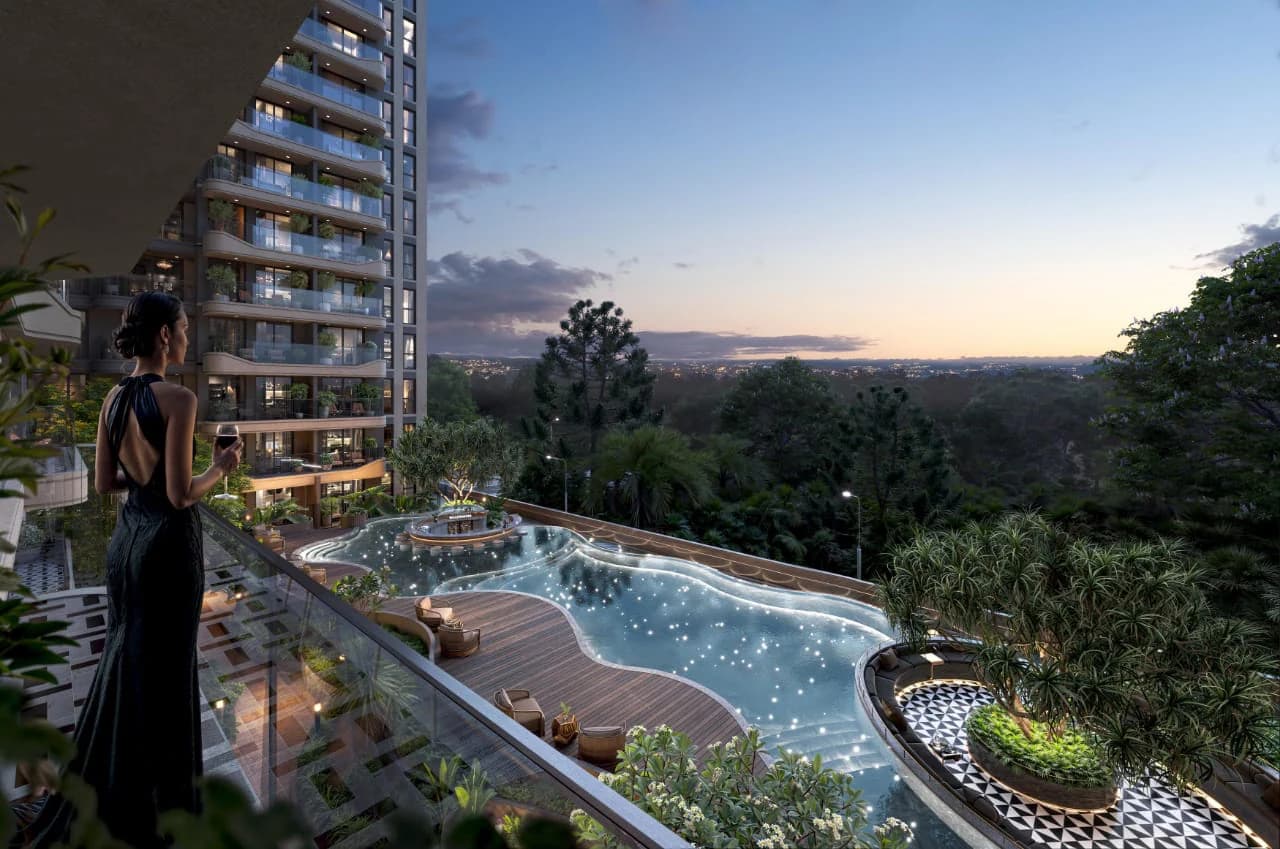 Rendered rooftop pool and lounge at Hephé Palace