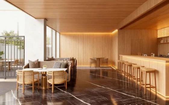 Rendered cafe and bar shared space at Lesto Residences