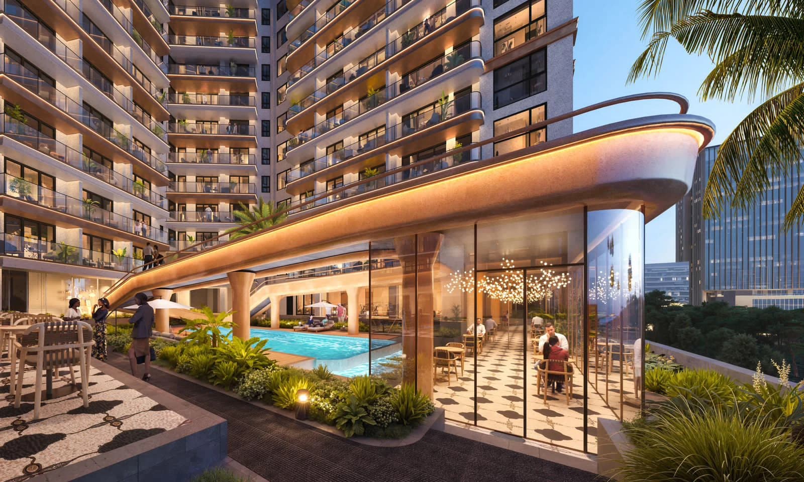 Rendered swimming pool and dining pavilion at Mogotio Oasis