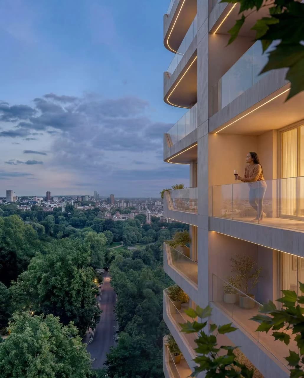 Architectural visual of Riverside Times overlooking a green Nairobi neighbourhood