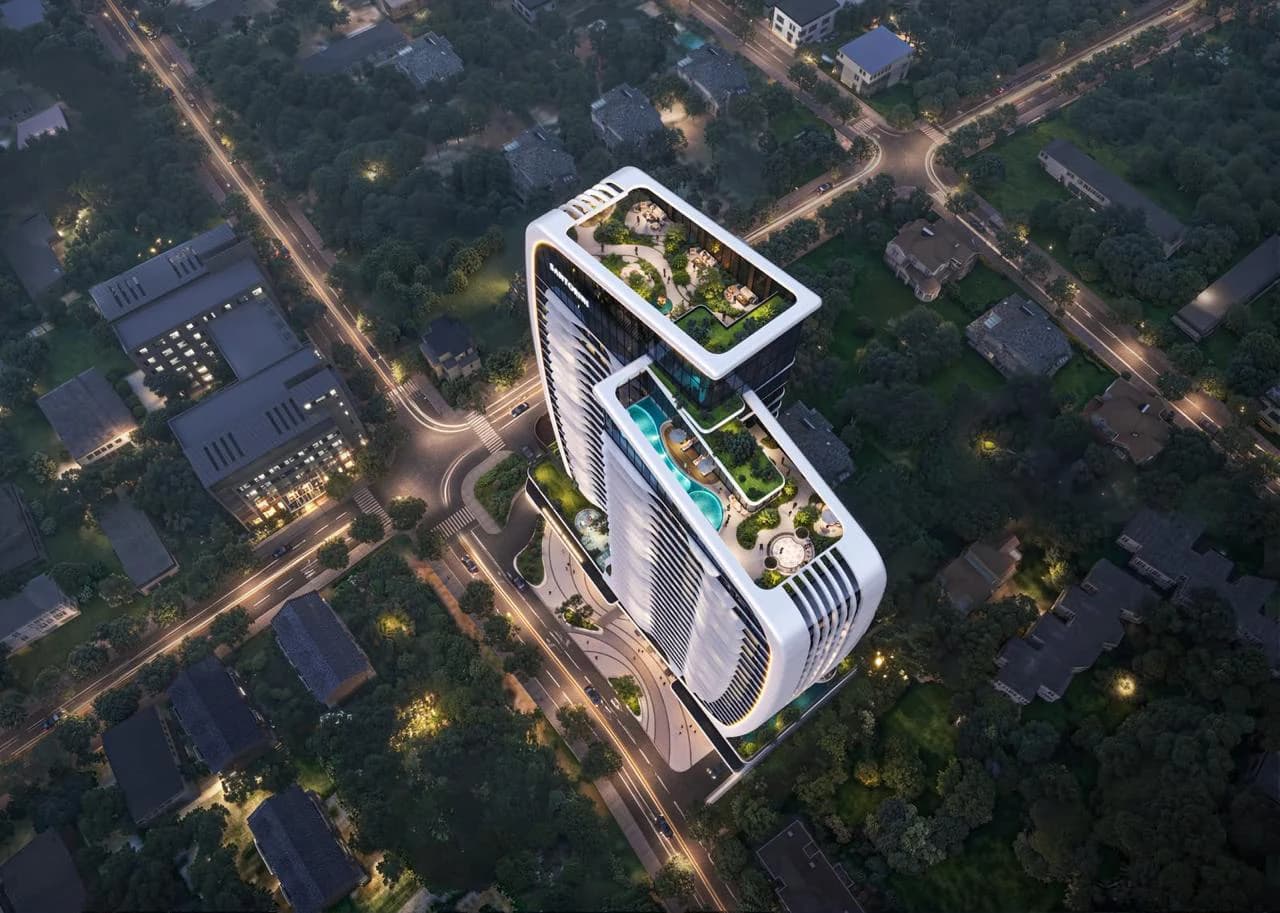 Aerial rendering of Santorini Residences and rooftop spaces