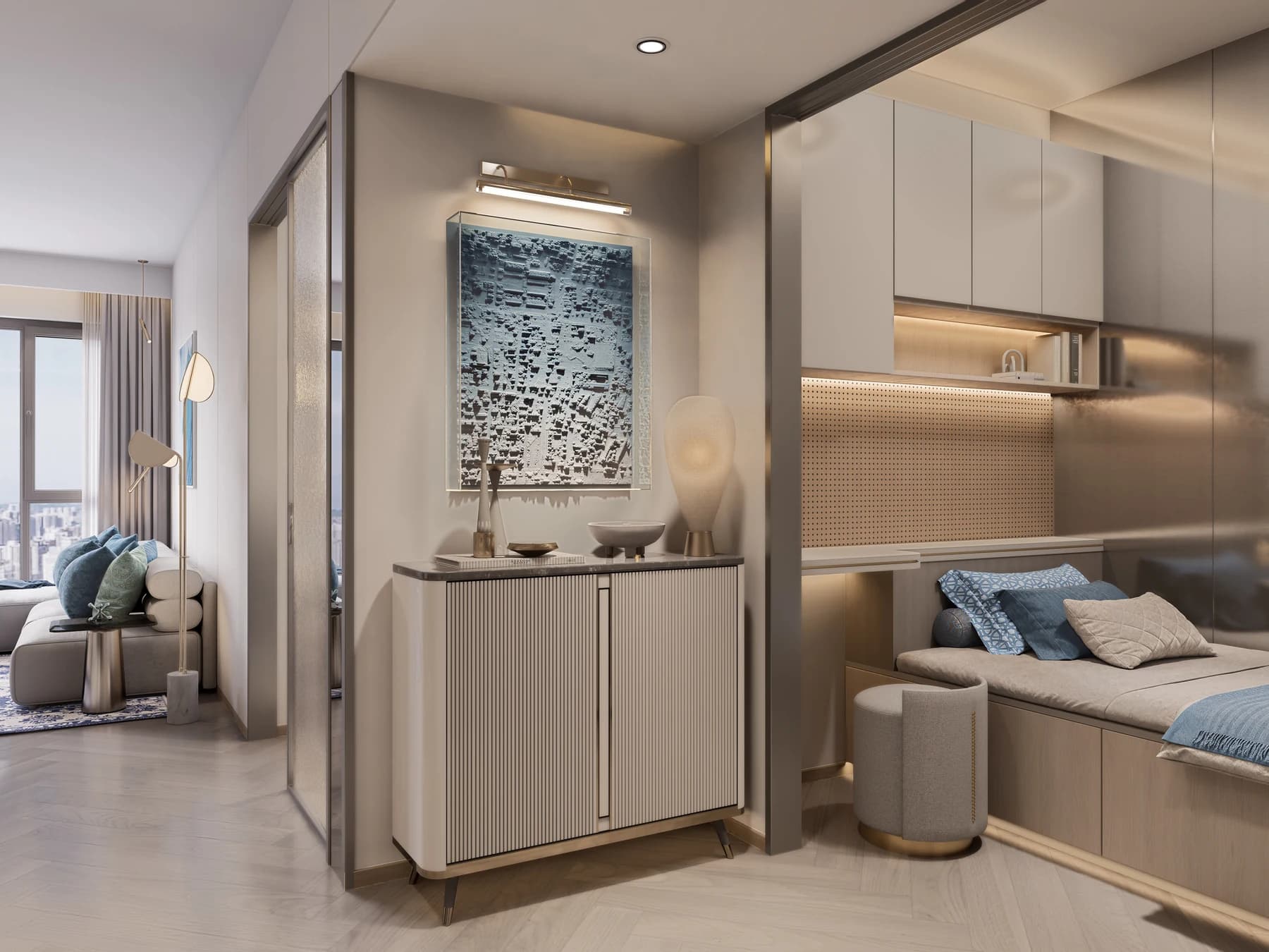 Rendered flexible room in a Santorini Residence
