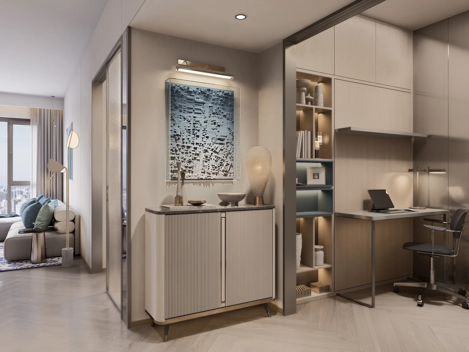 Rendered study space in a Santorini Residence