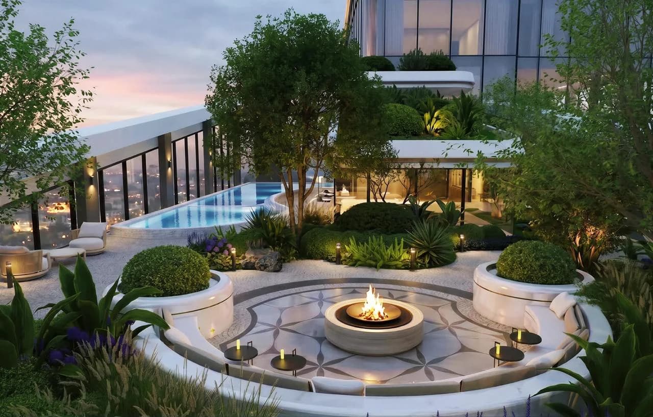 Rendered landscaped courtyard at Santorini Residences