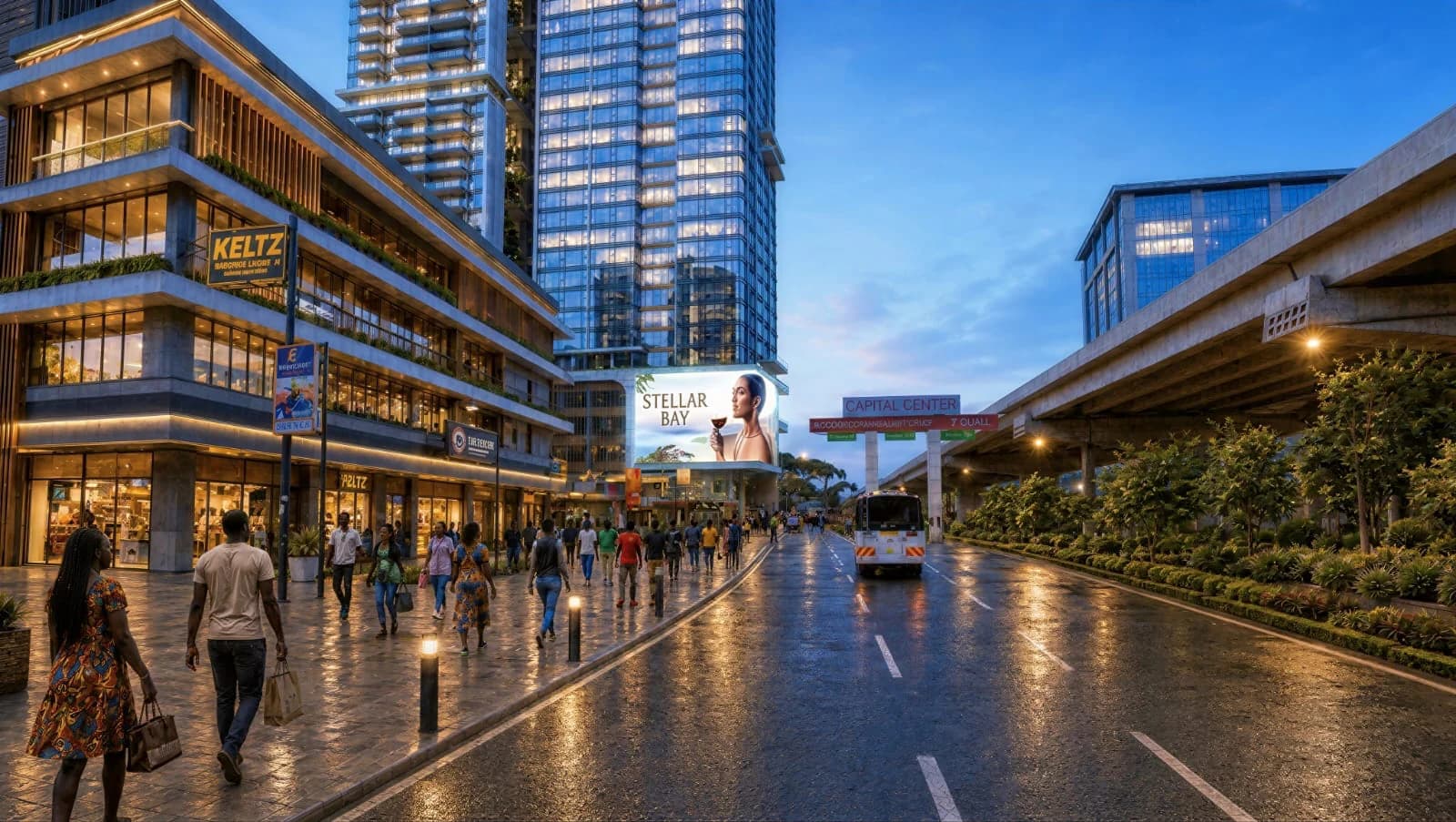 Stellar Bay street-facing mixed-use development at dusk