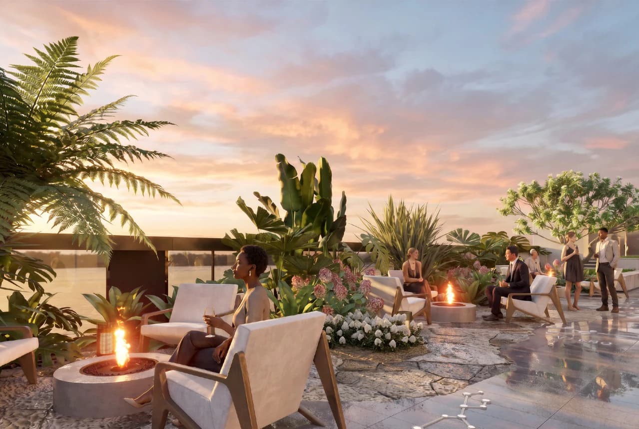 Stellar Bay rooftop garden and lounge at sunset