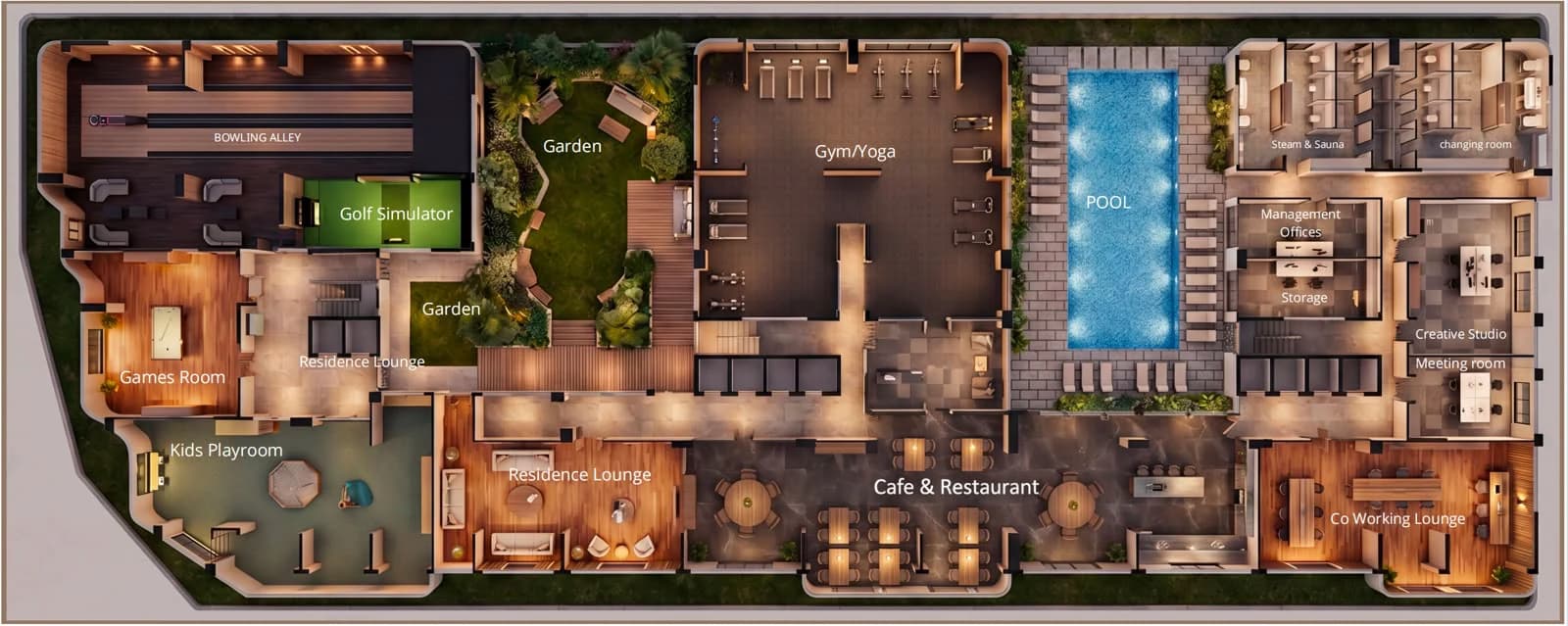 Illustrated plan showing The Moment Residences shared amenity spaces