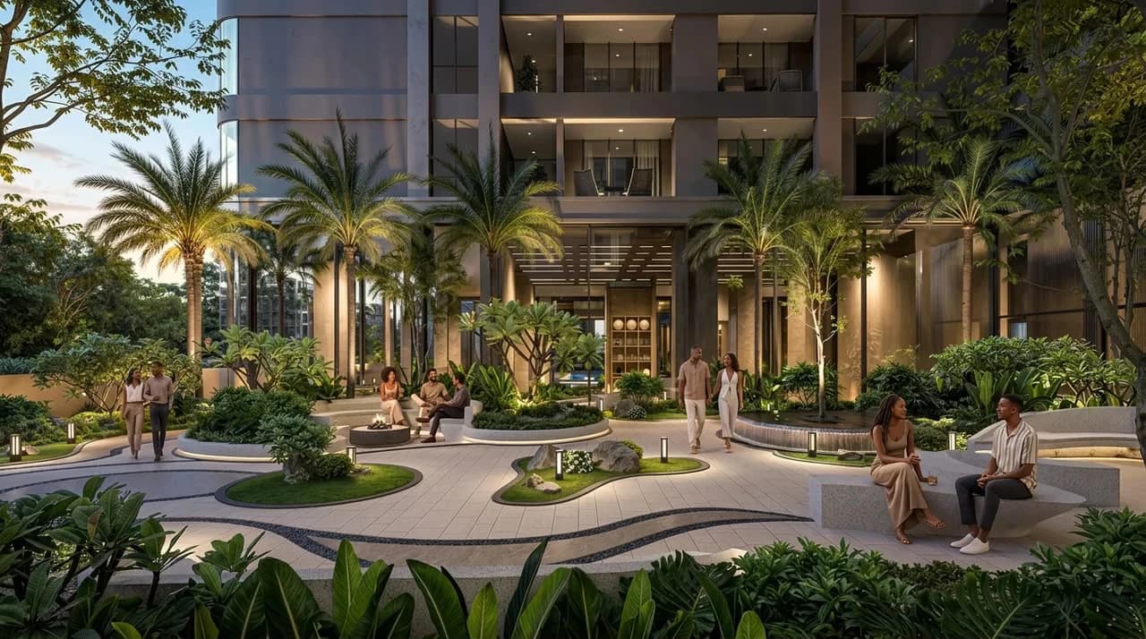 Architectural view of The Moment Residences and its landscaped courtyard