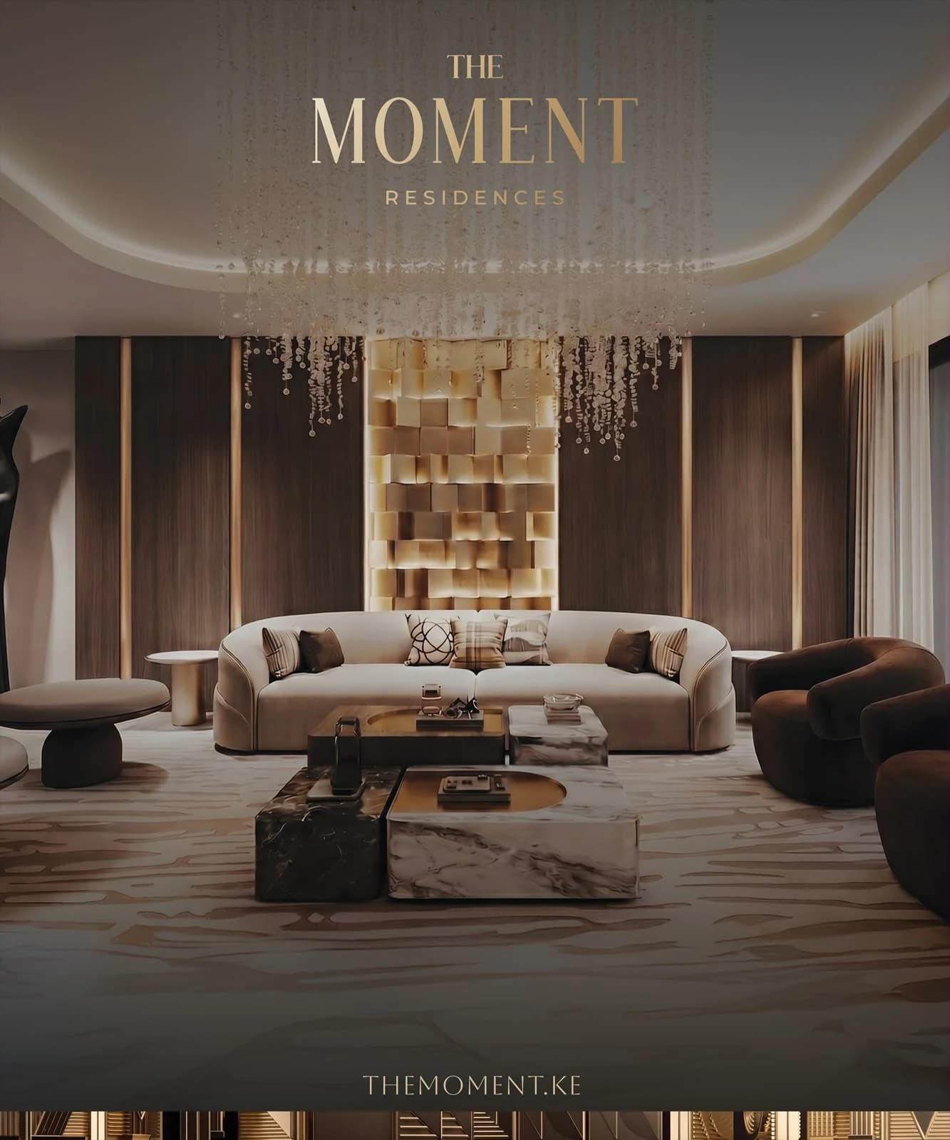 Rendered arrival and lounge space at The Moment Residences