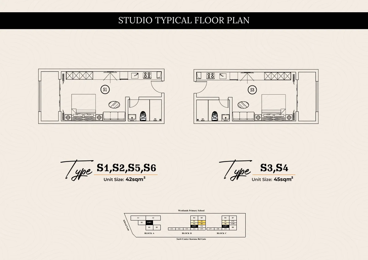 Studio layouts · 42–45 m² floor plan preview